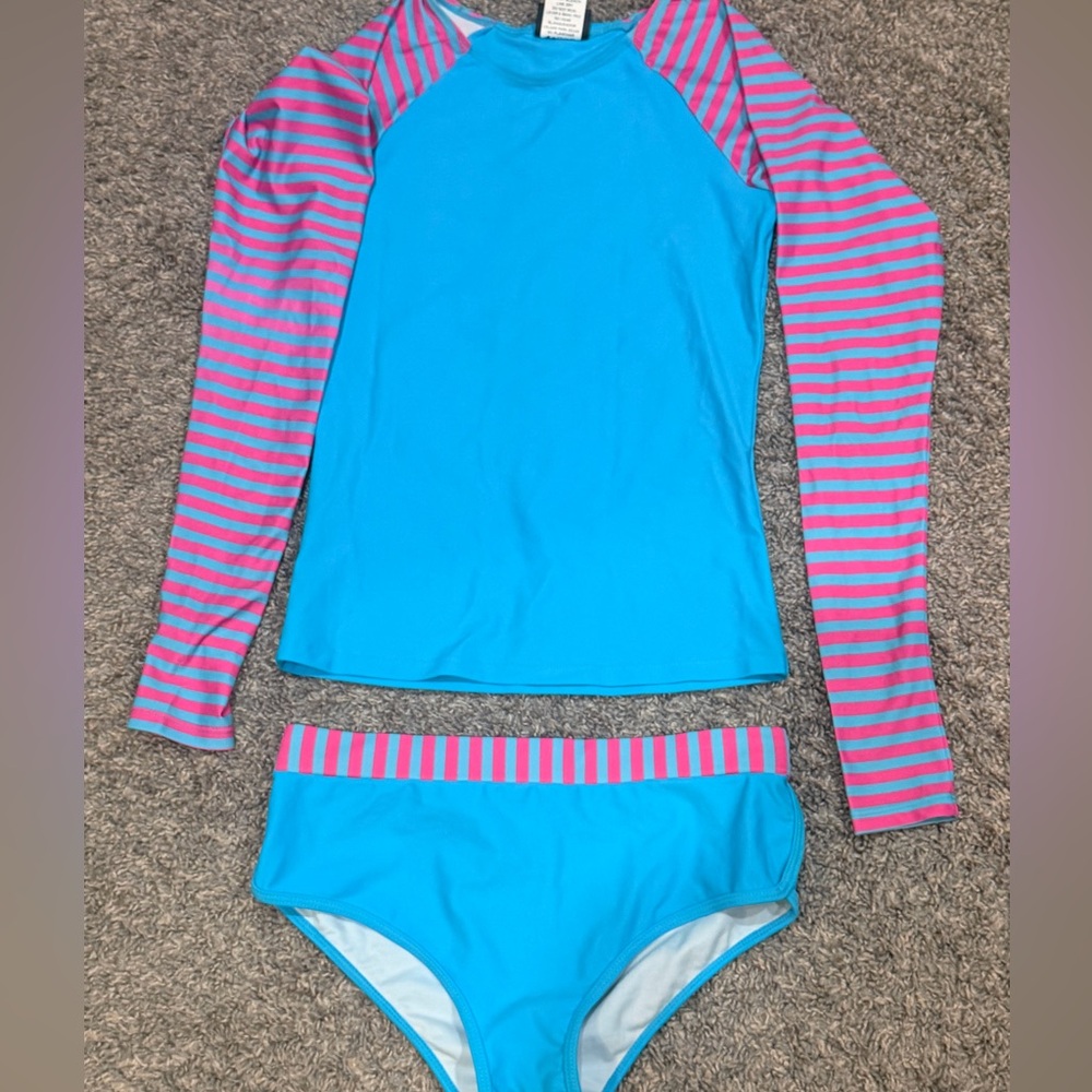 Kids Blue and Pink Stripe Long-Sleeve Rash Guard Set